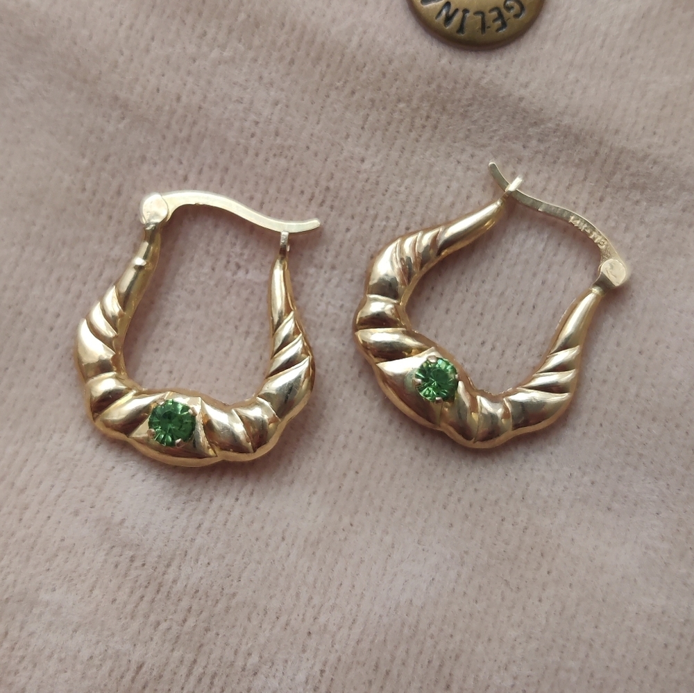 SOLD Vintage 14K Yellow Gold Peridot Hoop Earrings